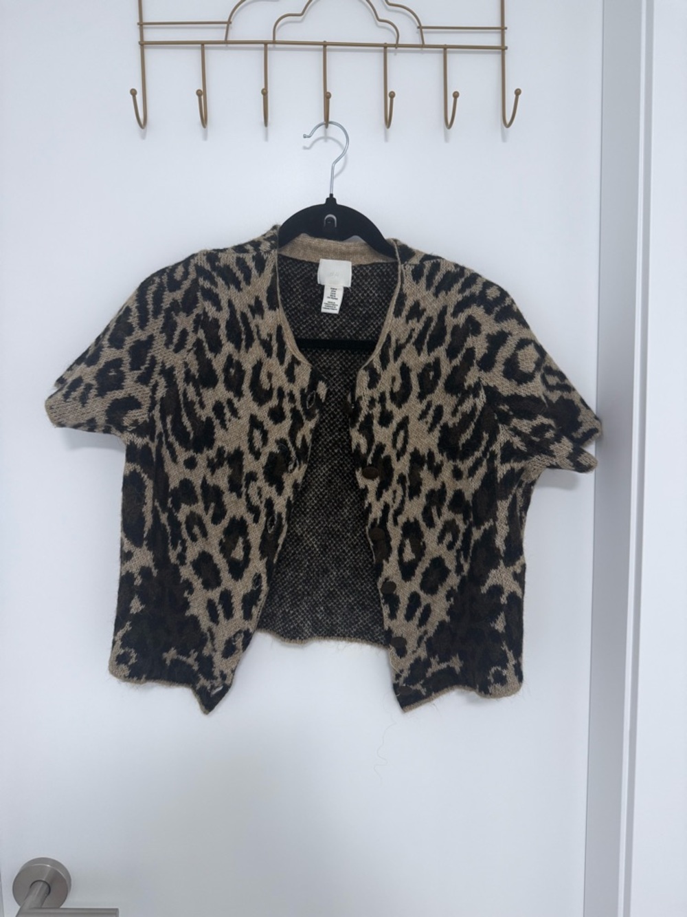 Leopard Print Short Sleeve Cardigan - Tan & Black